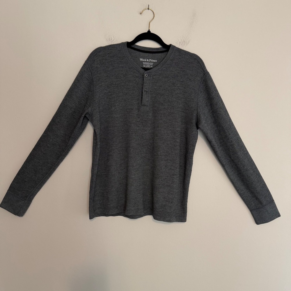 Wool & Prince merino wool Henley long sleeve shirt gray L minimalist preppy